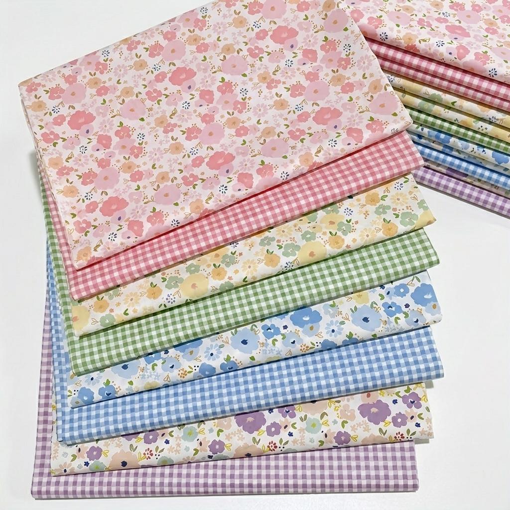 TEMU 8pcs Set Country Pastoral Style Fabric, Floral Plaid Sewing Diy Material, Quilting Scrapbook Fabric, Pre-cut Fabric Squares