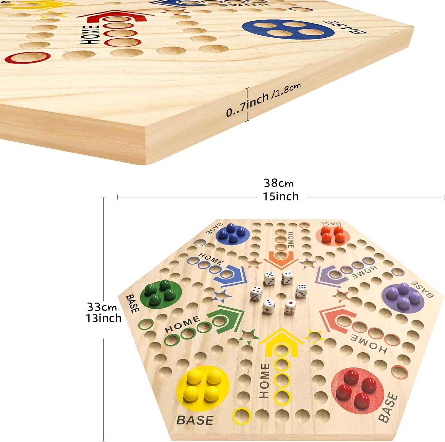 Original Double-Sided Painted Wooden Board Game - Fast Track For 2 To 6 Players, 6 Colors, 24 Marbles, 6 Dice, Suitable For Adults & Kids, Family Gatherings, Parties, Holiday Gifts (15 Inches).