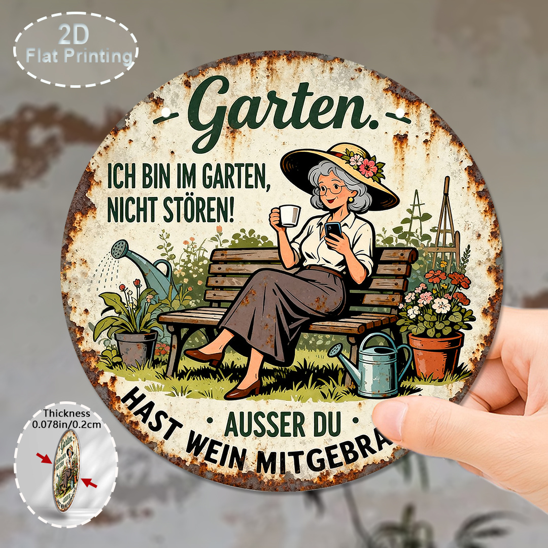 Image of 【2d Flat】 1pc, Vintage Decorative Metal Sign, Funny German Garden Metal Plaque For Home, Yard, Farm, Patio, Living Room Decor, Gift For Gardening Lovers, 8x8 Inches