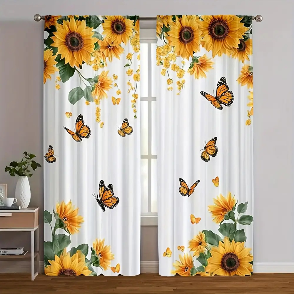 TEMU 2d Plane - 2d Plane - 2d Printed 2pcs Set, Sunflower And Printed Curtains - Sunflowers With , Semi-sheer Polyester Fabric, , No Rod Required,