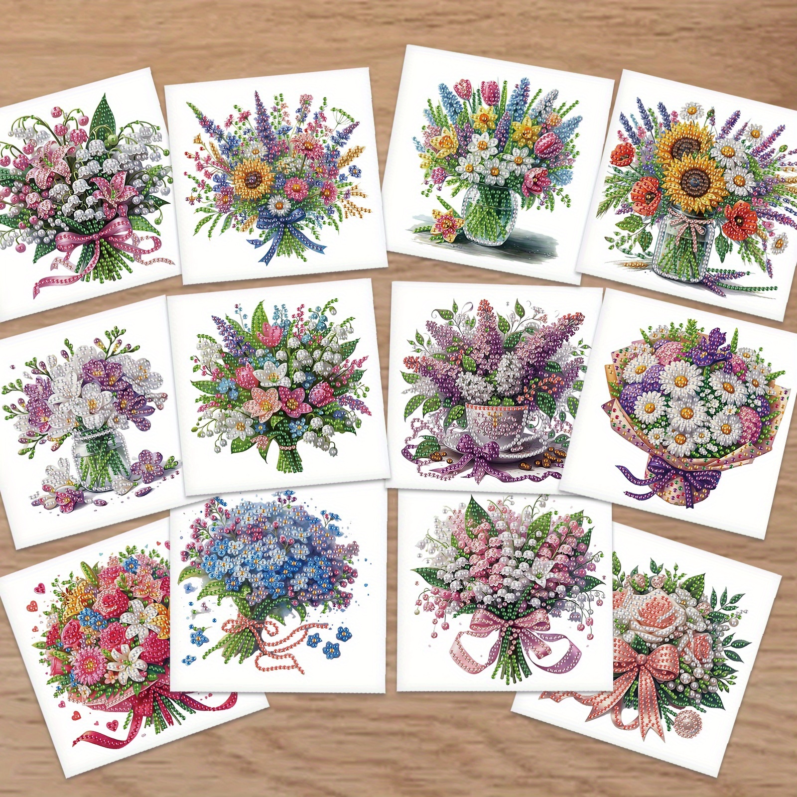 Image of 12pcs Diamond Painting Greeting Card Kits, Bouquets Handmade Festival Greeting Cards With Envelopes Crafts Birthday Cards For Holidays Celebrations Gift