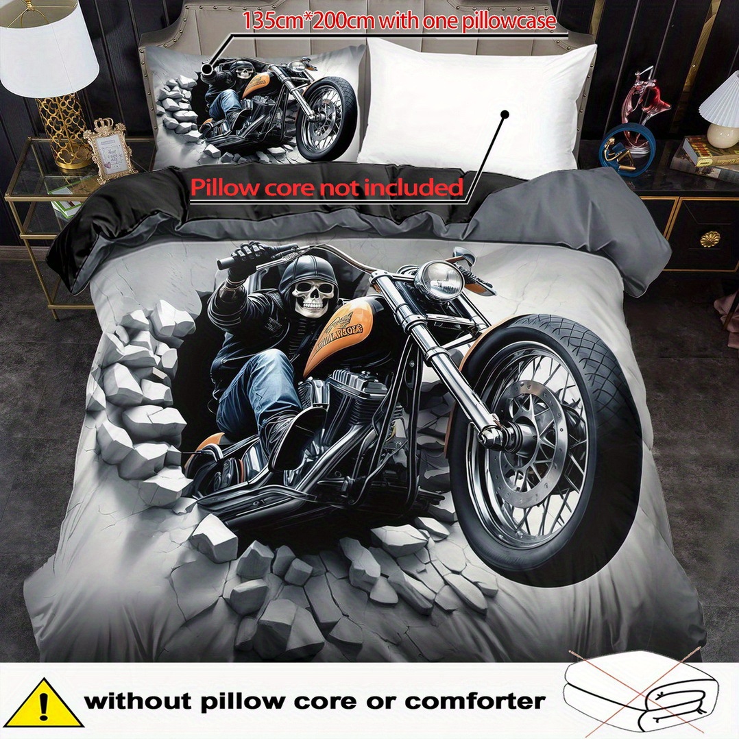 E-shop 2/3-teiliges Bettbezug-Set, Bettwäsche-Set mit Motorrad-Skelett-Druck, Bettwäsche im King- Queen-Size-Stil, maschinenwaschbares Polyester,