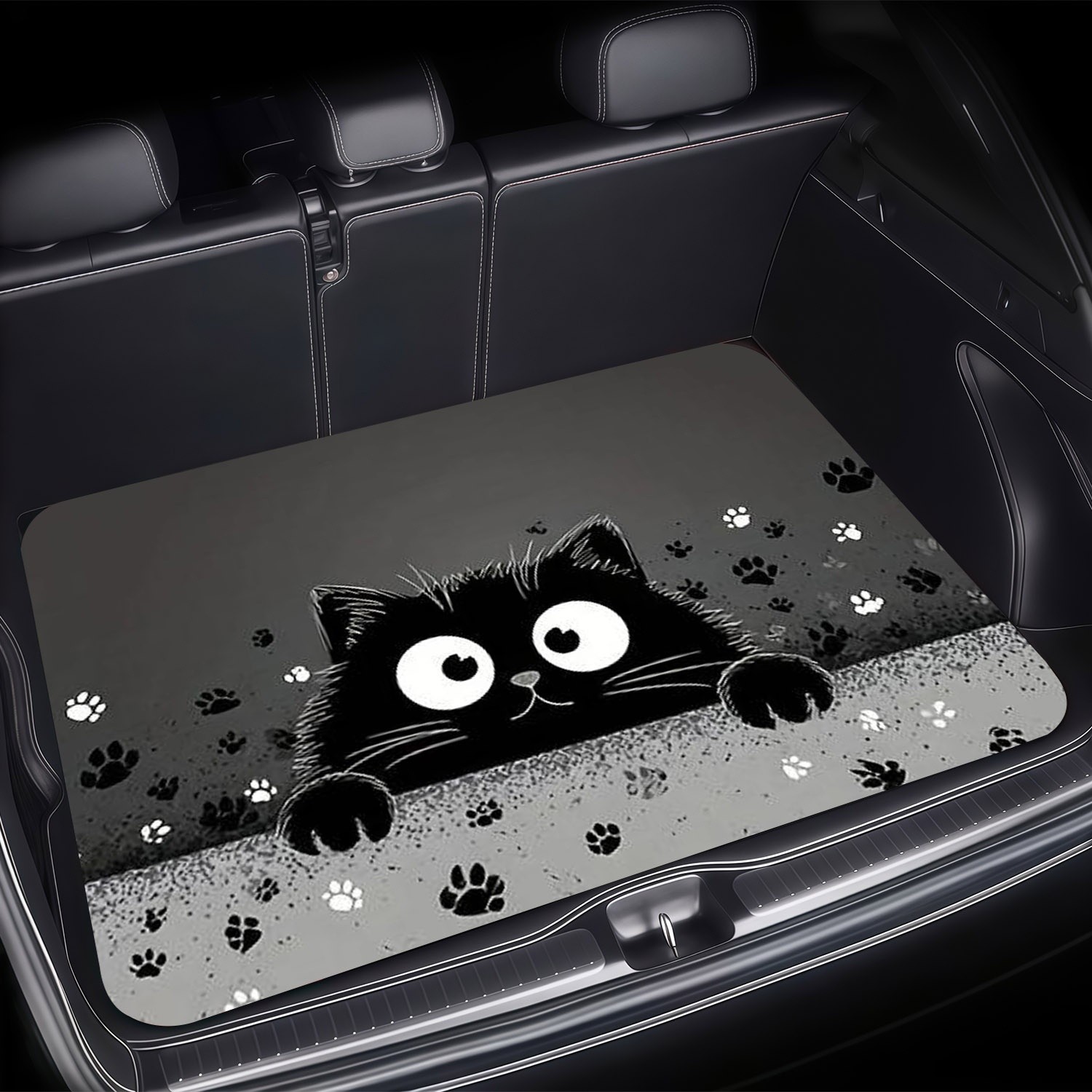 E-shop Kofferraummatte Auto, ., Polyester Material, Niedliches Schwarz Katze & Pfotenabdrücke Design, für Auto Innenraumschutz, Stilvoll & Langlebig
