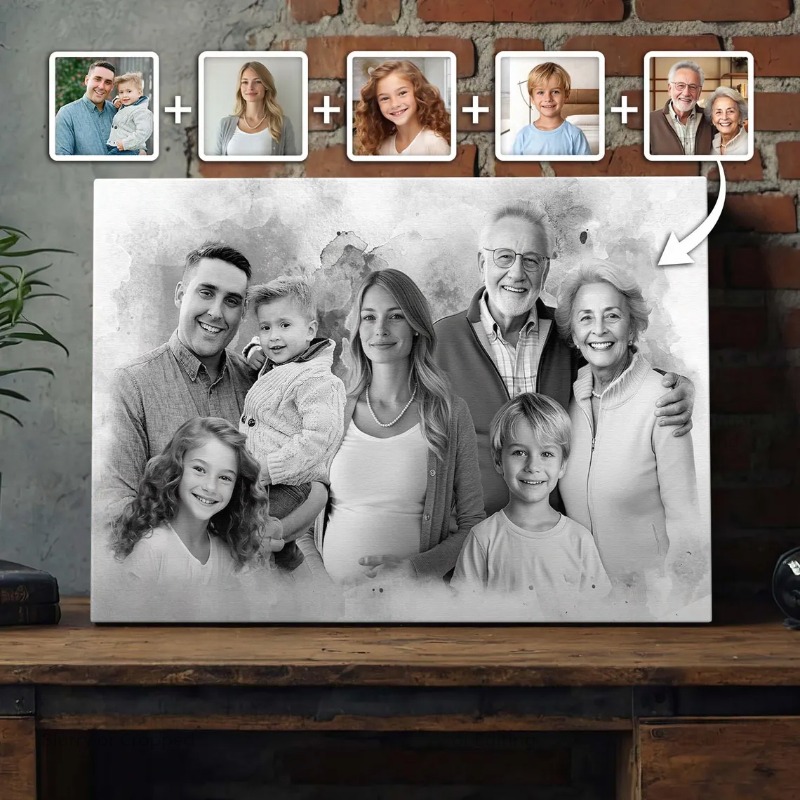 TEMU 2d Flat, Personalized Memorial Canvas With Wooden Frame, Custom Photo Of One, Family Portrait From Different Photos - Personalized Custom Canvas
