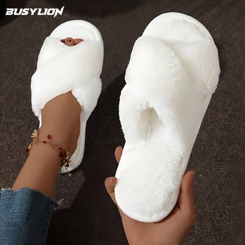 womens cozy cross strap slippers with faux fur sole suitable for indoor soft cushioned casual for home warm winter slides women shoes