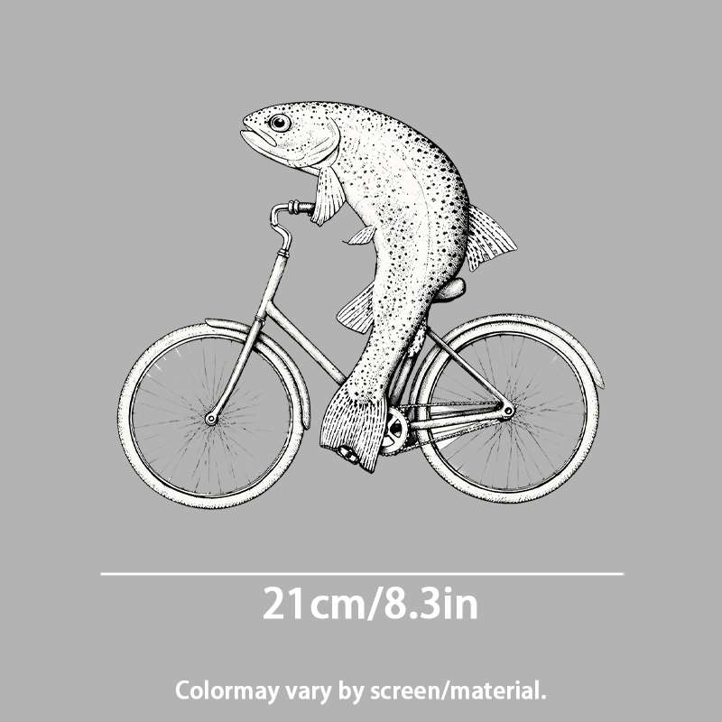 TEMU [1/2/3pcs 2d Flat Dtf Film Transfer] Surreal Fish Riding Bicycle Heat Transfer Sticker, Iron On Transfer, Iron On Patches, Clothing Heat