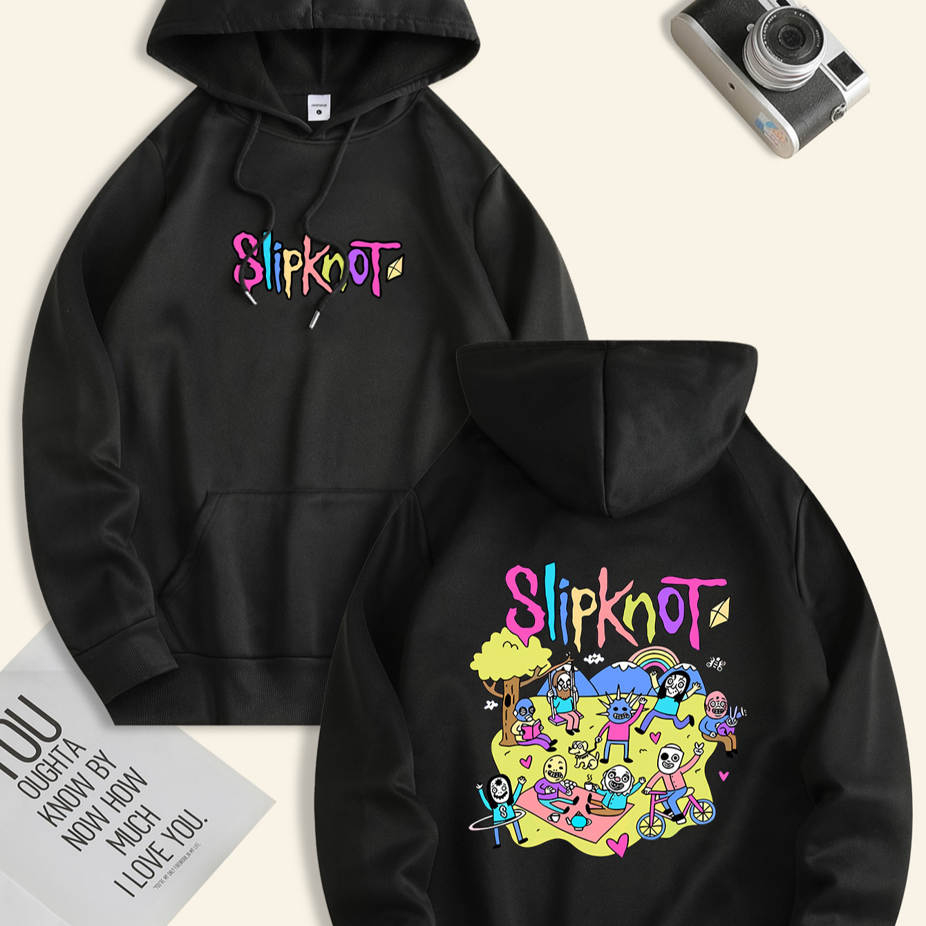 

Slipknot Cartoon Print Hoodie For Men, Casual Polyester Knit Fabric Pullover, Regular Fit, With Long Sleeves, Drawstring Hood, And Front Pocket, For