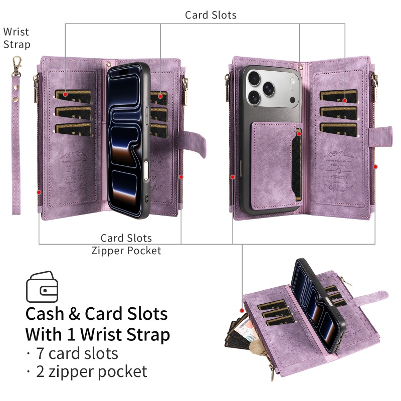 TEMU Phone Case - Compact Retro Leather Zipper Wallet Phone Holder For Iphone17 Series, Featuring 7 Card Slots, Flip Cover With Wrist Strap,
