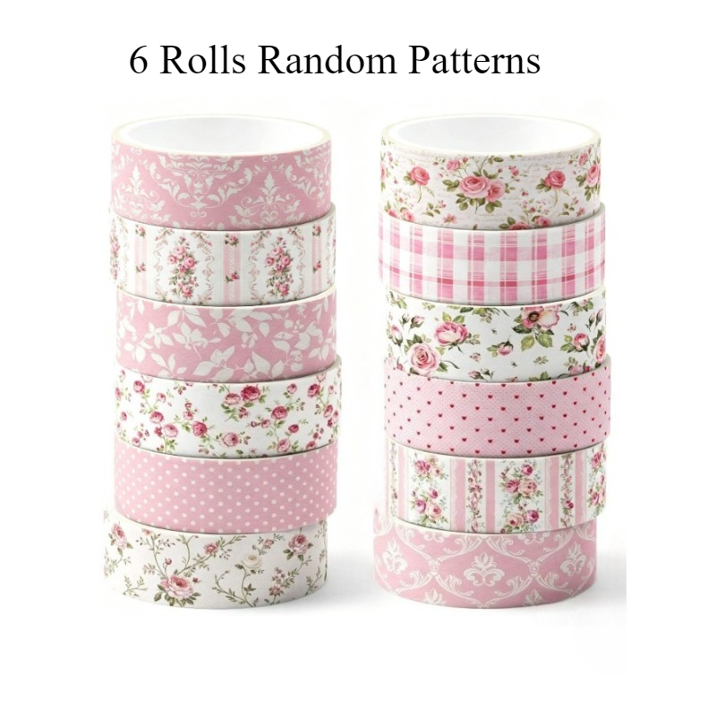 TEMU 6 Rolls Pink Floral Self-adhesive Washi Tape For Journal Diy, Vintage Decorative Washi Tape, Diy Scrapbooking Craft Supplies, Random Patterns