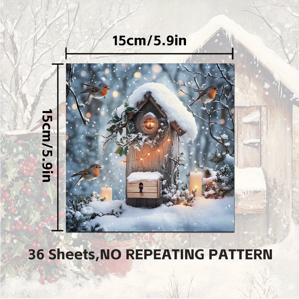 Image of 36pcs Victorian Christmas Robin Paper - Cozy Winter Diy Craft Supplies With Red Mailbox, Poinsettias, Roses, And Floral Cabin Scene - Junk Journal Ephemera, Card Making& Decorative Paper