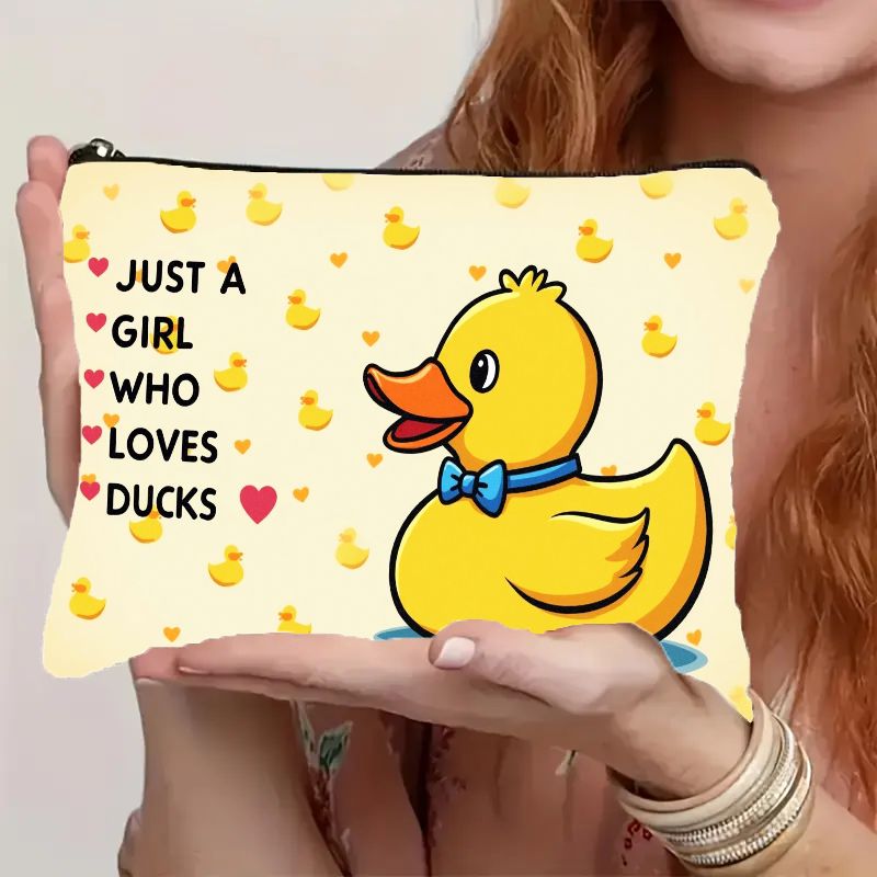TEMU 2d Flat, Adorable Cartoon Yellow Duck Print Cosmetic Pouch With " Who Ducks" Message & Smooth Zipper Closure - Lightweight, Portable, Foldable