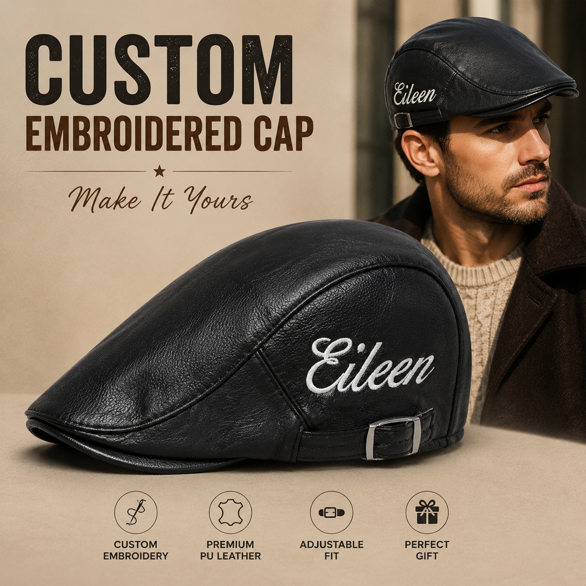 TEMU 1 Newsboy Hat With Customizable Embroidered Text On The Side, Suitable For Men And Women, Retro And Simple Duckbill Beret. The Hat Is Suitable