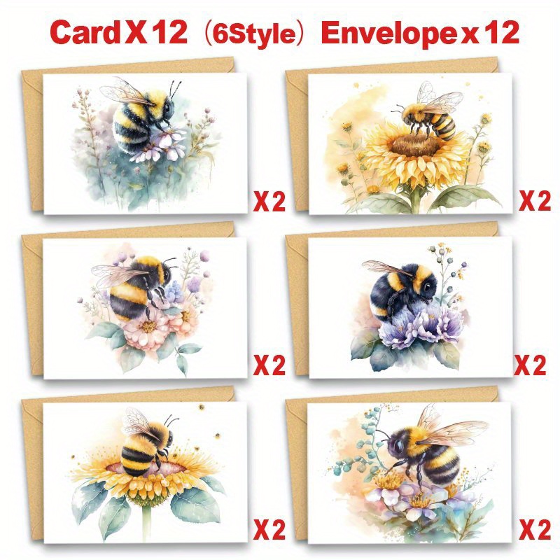 TEMU Assorted Watercolor Bumble Bee And Flower Greeting Cards With Envelopes For For , Teachers, Coworkers, Thank You, Birthday, Holidays, Sympathy,