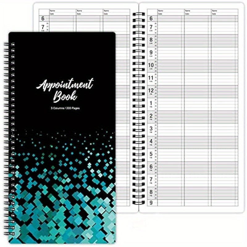 

200-page Salon Book - Daily Schedule Planner, 6x11.5", 3- With 15-minute , To , Twin-wire Binding, Premium Paper, Black & Teal Cover