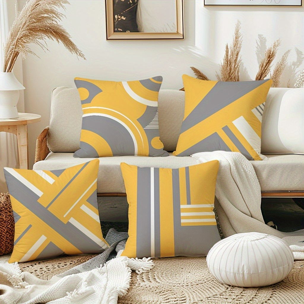 TEMU Ensemble de 4 pièces, housse de coussin géométrique abstraite moderne, housse de coussin rayée jaune , taie d'oreiller confortable pour