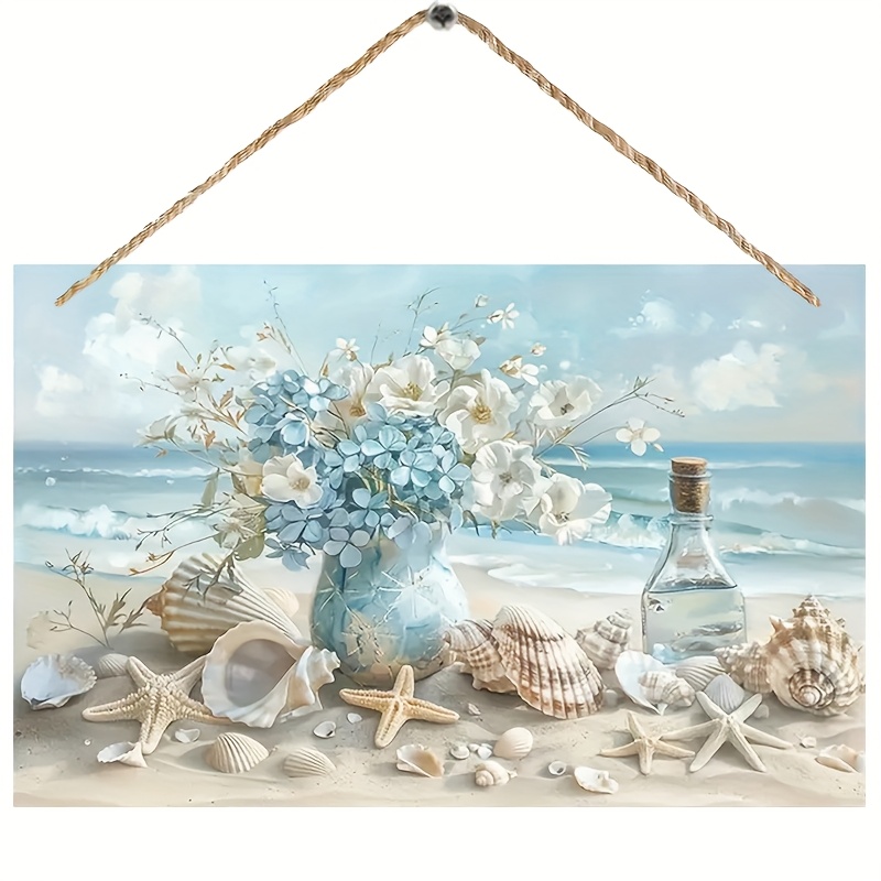 TEMU 2d Plane - 2d Plane, 1 Blue Vase Wooden Art Hanging Plaque, Home Wall Seashell And Ocean-themed Decorative , Suitable For Living Room, Bedroom,
