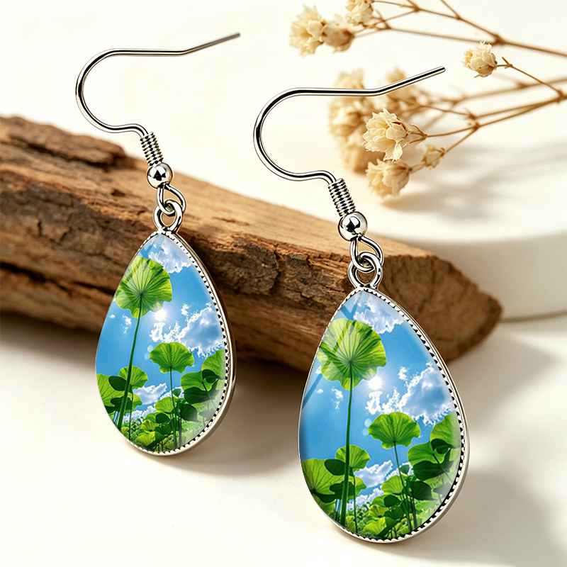 Summer Lotus Leaf Blue Sky Tear Drop Earrings, Fashion Gift