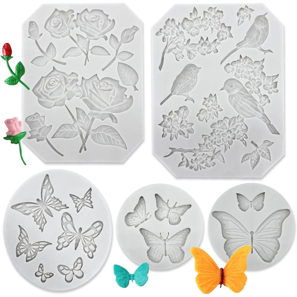 TEMU Silicone Fondant Mold, Bpa Free, For Cake Decorating, Chocolate, Candy, Jelly, Soap Crafting, , Rose Flower Stems, Birds, Molds For Kitchen