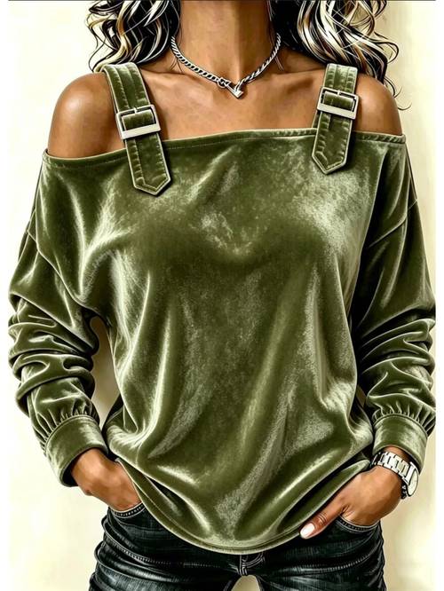 damen schulterfreies samt-langarm-t-shirt, doppelte schulter-schnallendekoration, locker geschnittene freizeitbluse, einfarbige oberteile für und party