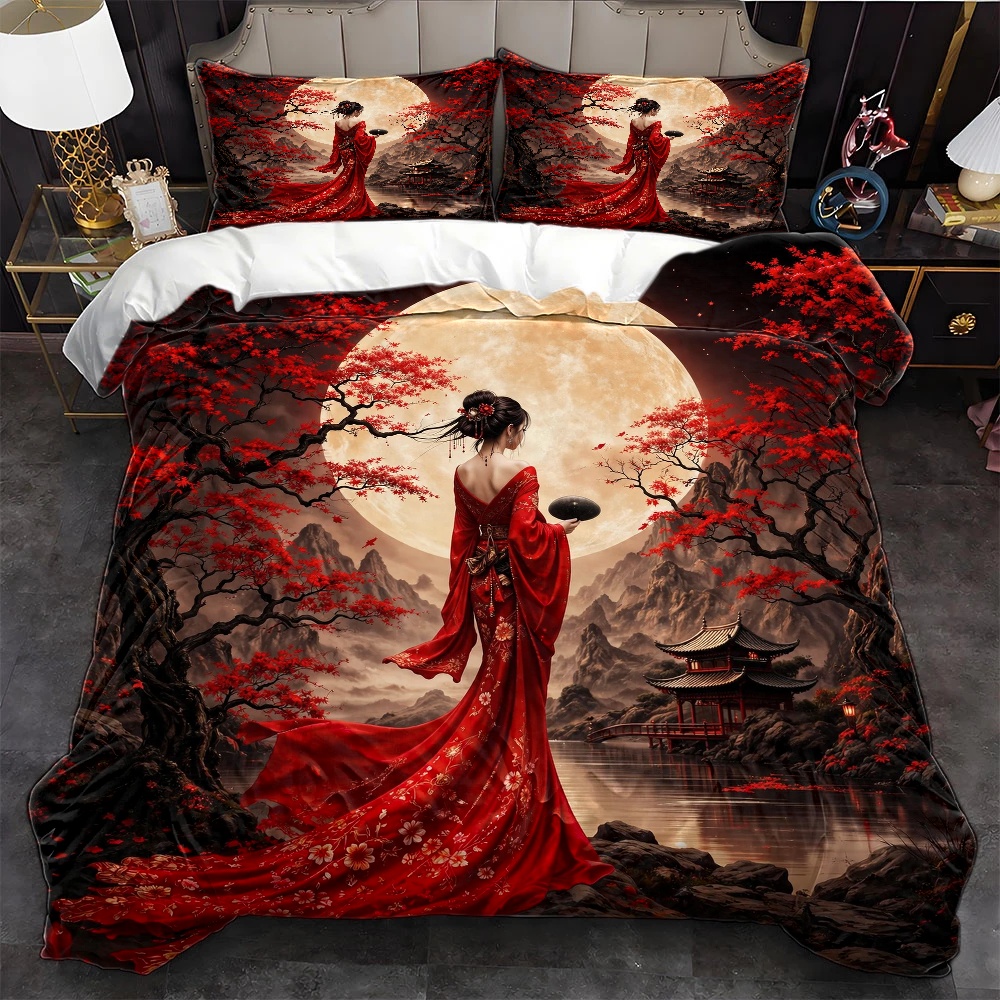 TEMU 3pcs Oriental Ancient Style Red Dress Beauty Night Landscape Duvet Cover Set, Bedding (1*duvet Cover   2*pillowcases), Suitable For , Machine