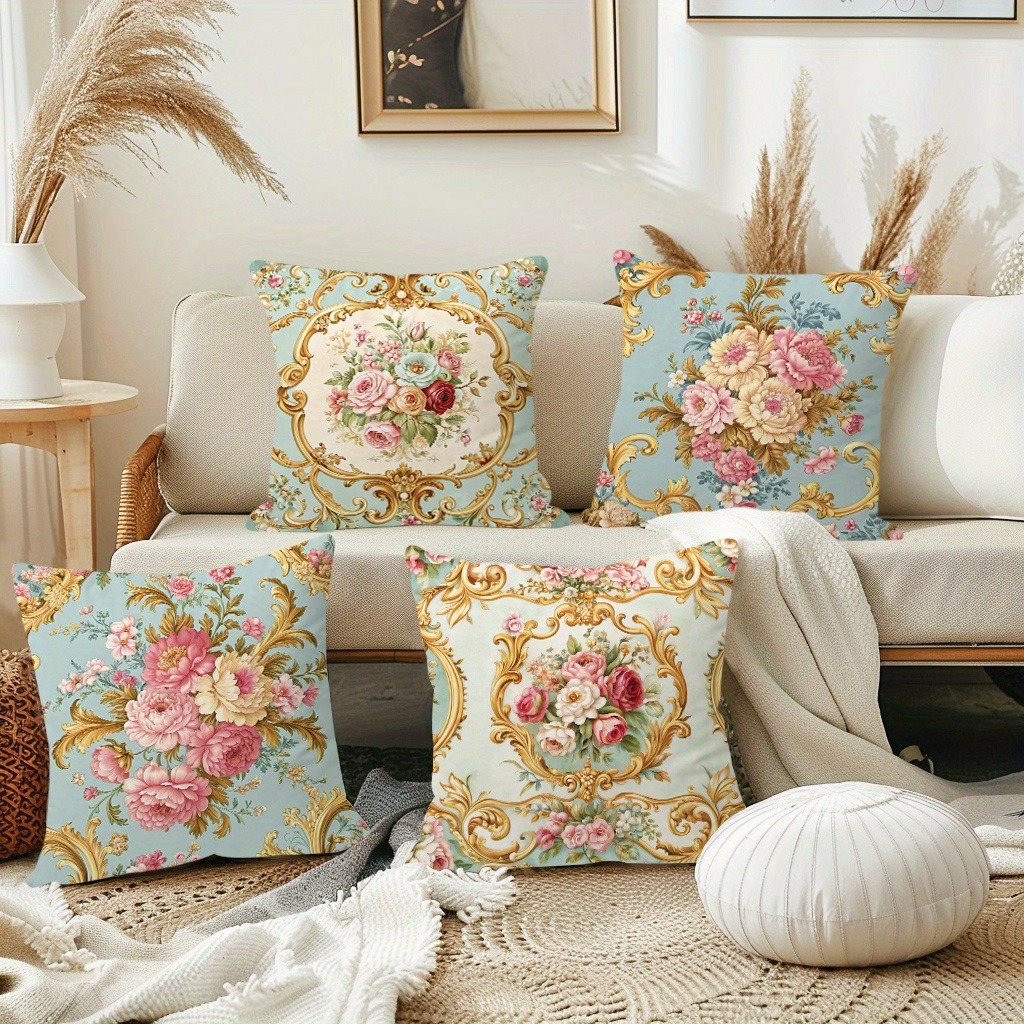 TEMU Set Of 4 Elegant Floral Print Pillow Covers In Luxurious Rococo Style With Zipper Closure. Soft Farmhouse Pillow Covers Suitable For Living Room