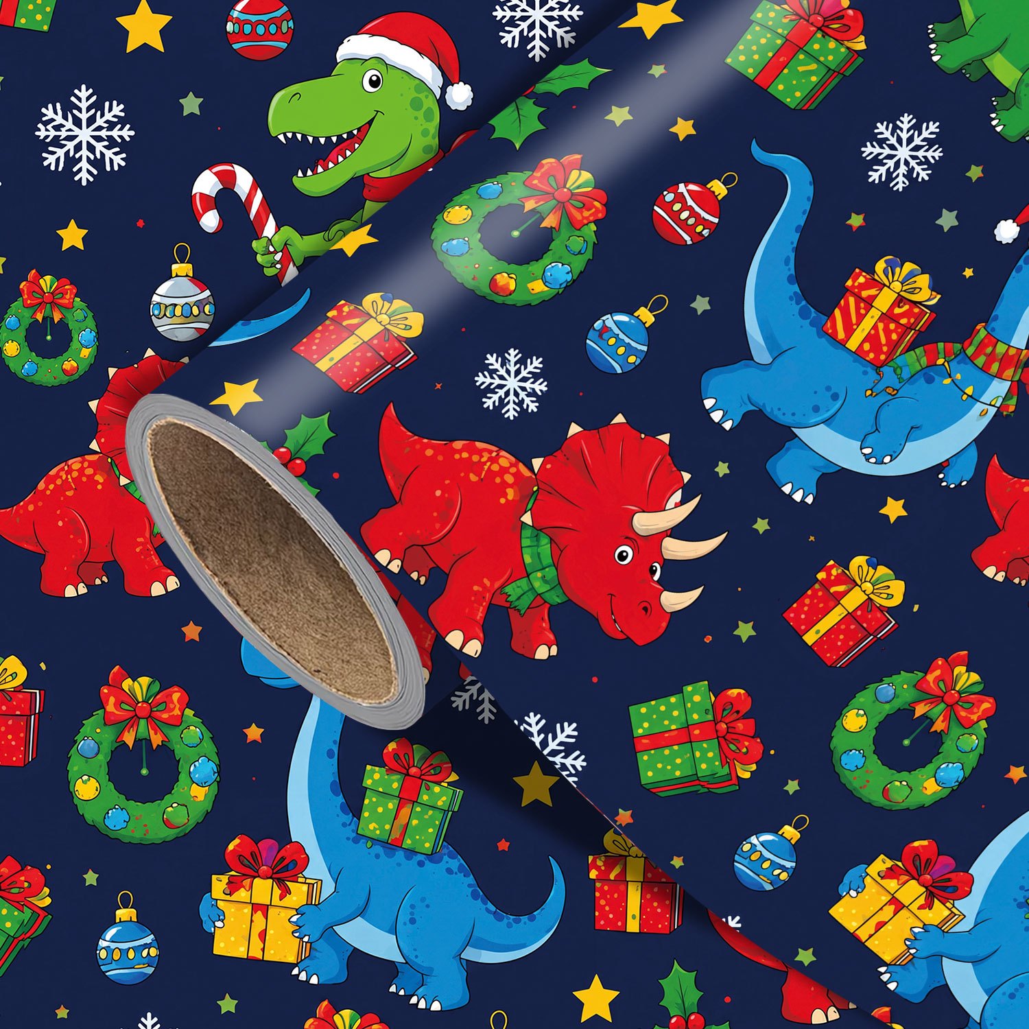 TEMU Rouleau de de Noël Dinosaure - Mesure 17.7 pouces X 118 pouces, Boîte cadeau avec guirlande de Noël, Parfait pour emballer de Noël, faire des
