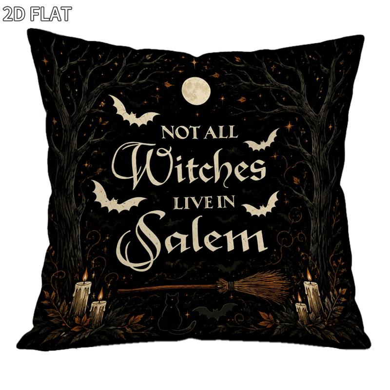 TEMU 1pc 18x18 Inch Halloween Witch Pillow Cover, Moon Bats Broom Cat Not All Witches Live In Salem Print, Vintage Style Decorative Cushion For Home