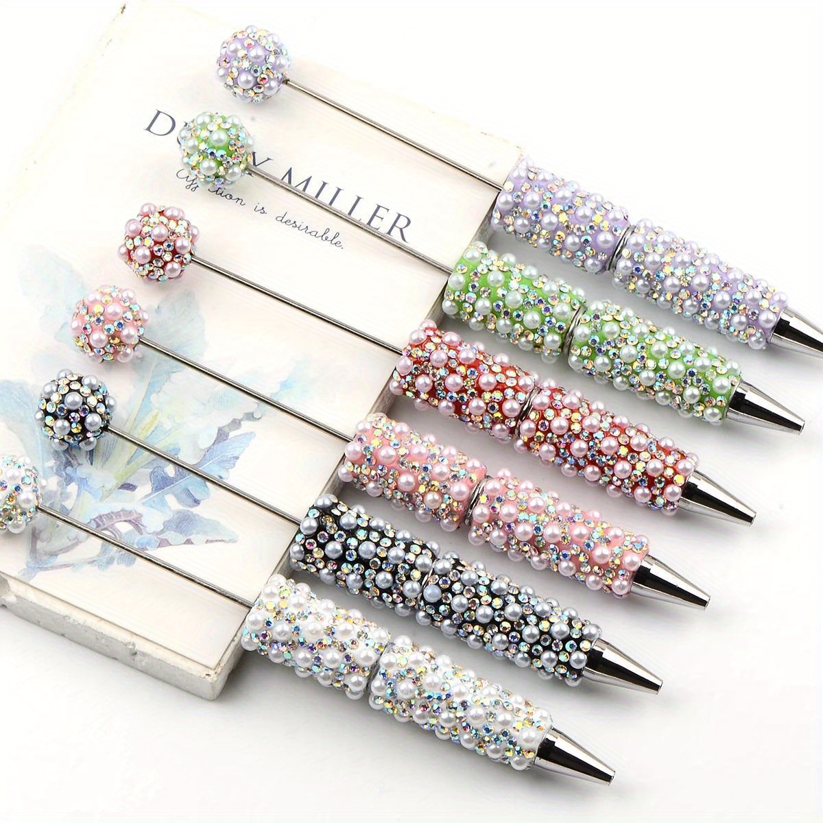 

2pcs Elegant Beaded Ballpoint Pens - 6 Vibrant Colors, Acrylic Pearl & Accents, Ideal For Crafting And Gifts