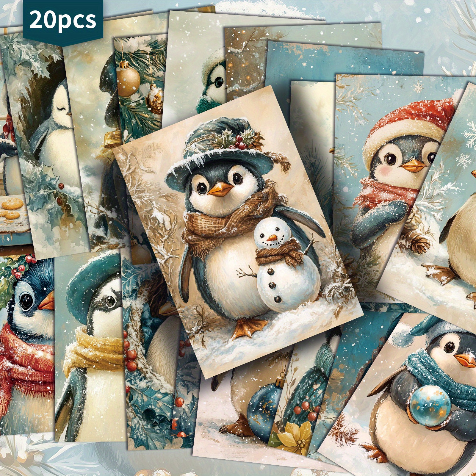 TEMU 20-pack Vintage Cute Penguin Postcards - 4x6 Inch Retro Winter Snow Scenes With 20 Unique Penguin Characters, Junk Journal Paper With Snowflakes