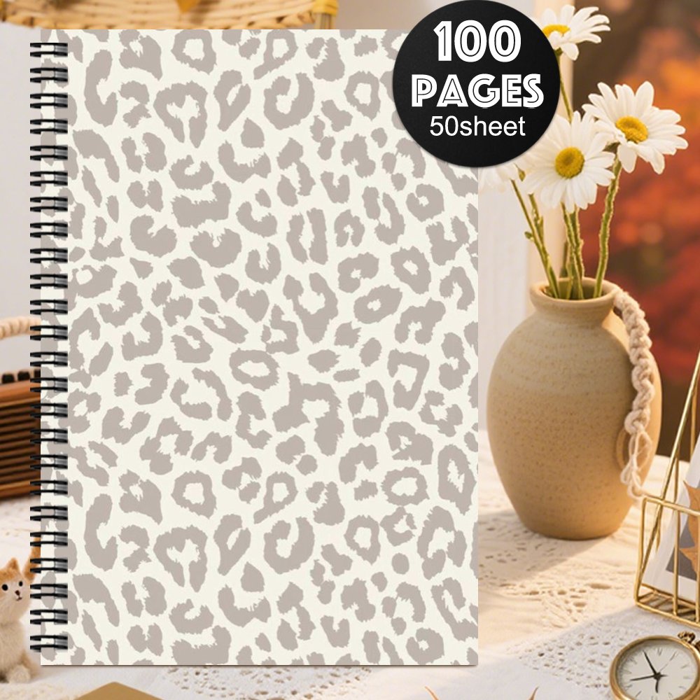 TEMU 1pc Spiral Notebook - Elegant Leopard Print, Beige And Brown Animal Patterns, Lined Pages, Ideal For School, Office, Travel - Perfect