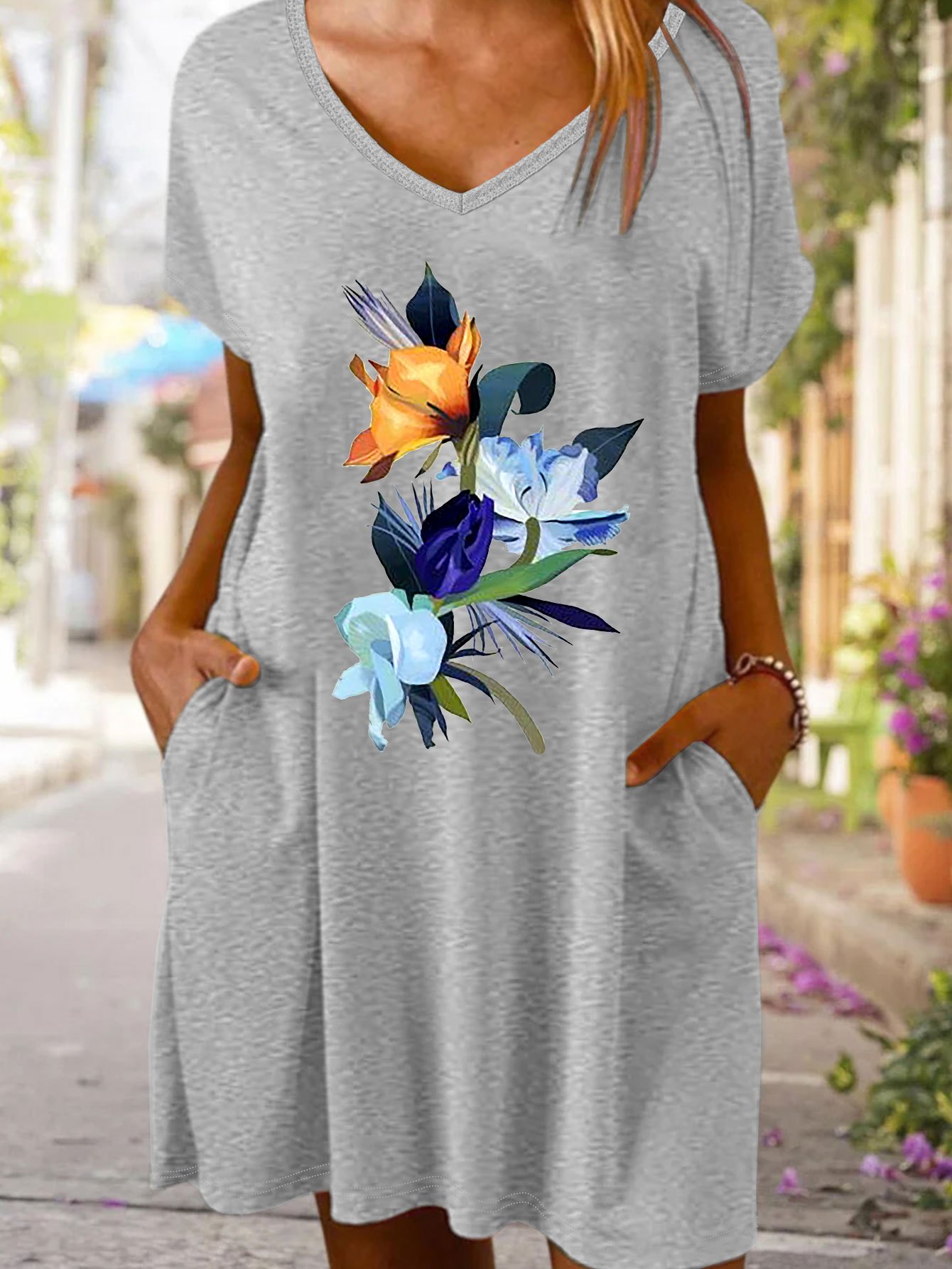 womens floral v neck t shirt dress dual pockets casual knit - Temu Bahrain