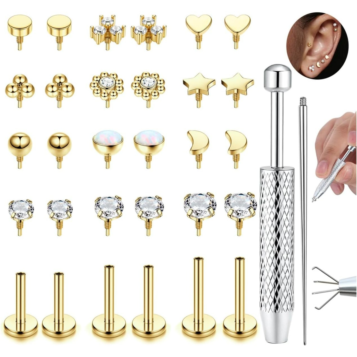 Image of 2d Flat - 15pairs Flat Back Stud Earrings For Women Hypoallergenic Internal Thread Stud Piercing Jewelry For Tragus Helix Cartilage Conch Nose Lip Labret Piercing