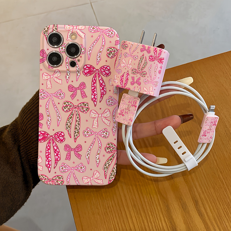 TEMU Phone Case - 5pcs Set Of Print And Bow Ribbon Phone Case Pattern + Charger Head Cover + Cable Protector + Storage Rope Tpu Anti-fall Protective