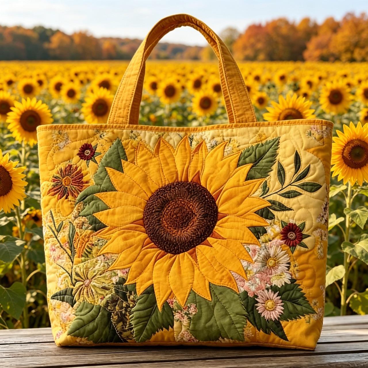1pc Women's Bohemian Quilted Sunflower Tote Bag - Large Retro Floral Shoulder Handbag With Wrist Strap, Quilted Suitable For Travel, Beach Trips, Shopping & Daily , Bag For,, Commuting (hand Washable)