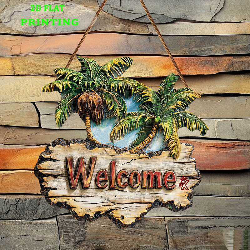 TEMU 2d Flat, 1pc Palm Tree Welcome Wooden Sign, Outdoor Hanging Decor And Wall Art, Palm Tree Wooden Plaque, Wall Decoration, Home Decor, Garden