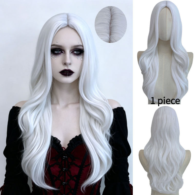 TEMU Peluca AOIFE de estilo europeo/americano, pelo largo y ondulado grande con raya al medio de color puro, peluca de cosplay con raya al medio,