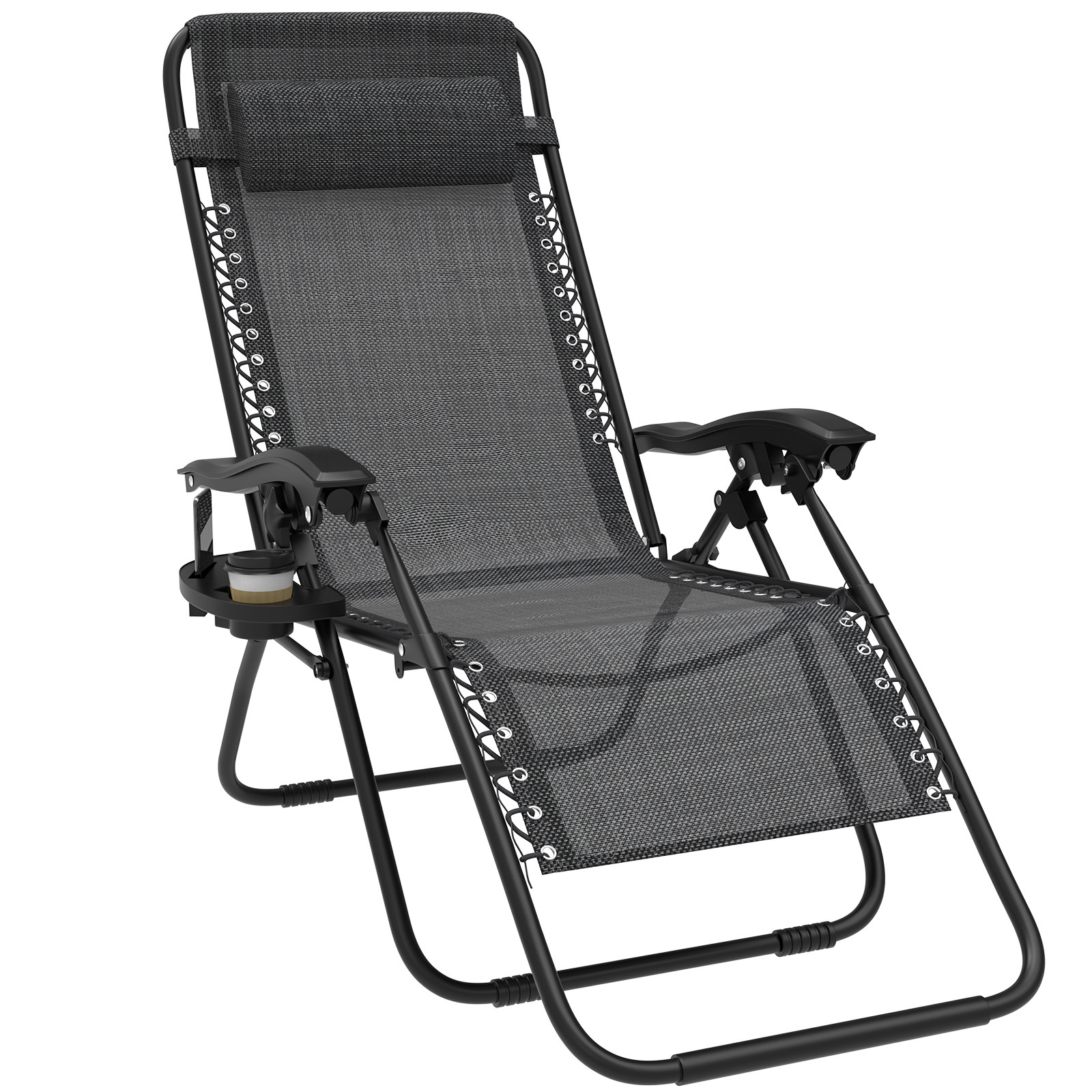 Folding Recliner With Cushion And Cup Holder, Adjustable Backrest, Foldable Design, Suitable For Patios, Gardens And , In Grey And Black