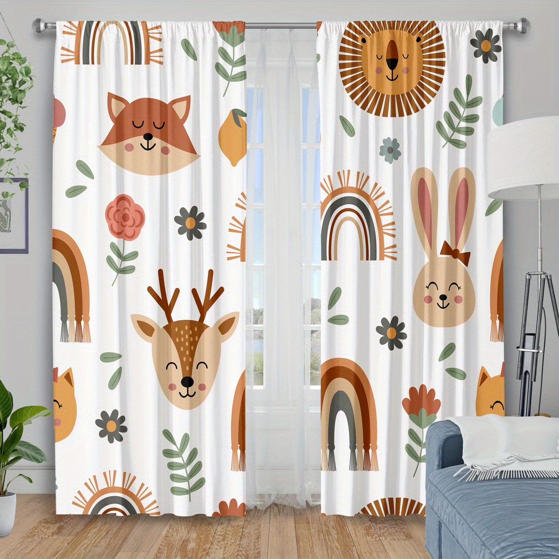 TEMU 2pcs Curtain Fabrics, Cartoon Animals Printed Window Products, Blackout Curtains For Bedroom, Polyester Machine Washable, Kitchen Bedroom Living