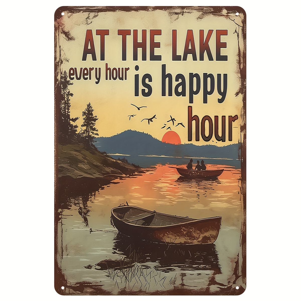 TEMU 2d Flat, 2d Flat Countryside Lake Wooden Wall Hanging, Vintage Outdoor Decor With Sunset And Boats, Suitable For Home Or Cabin Decoration, Lake