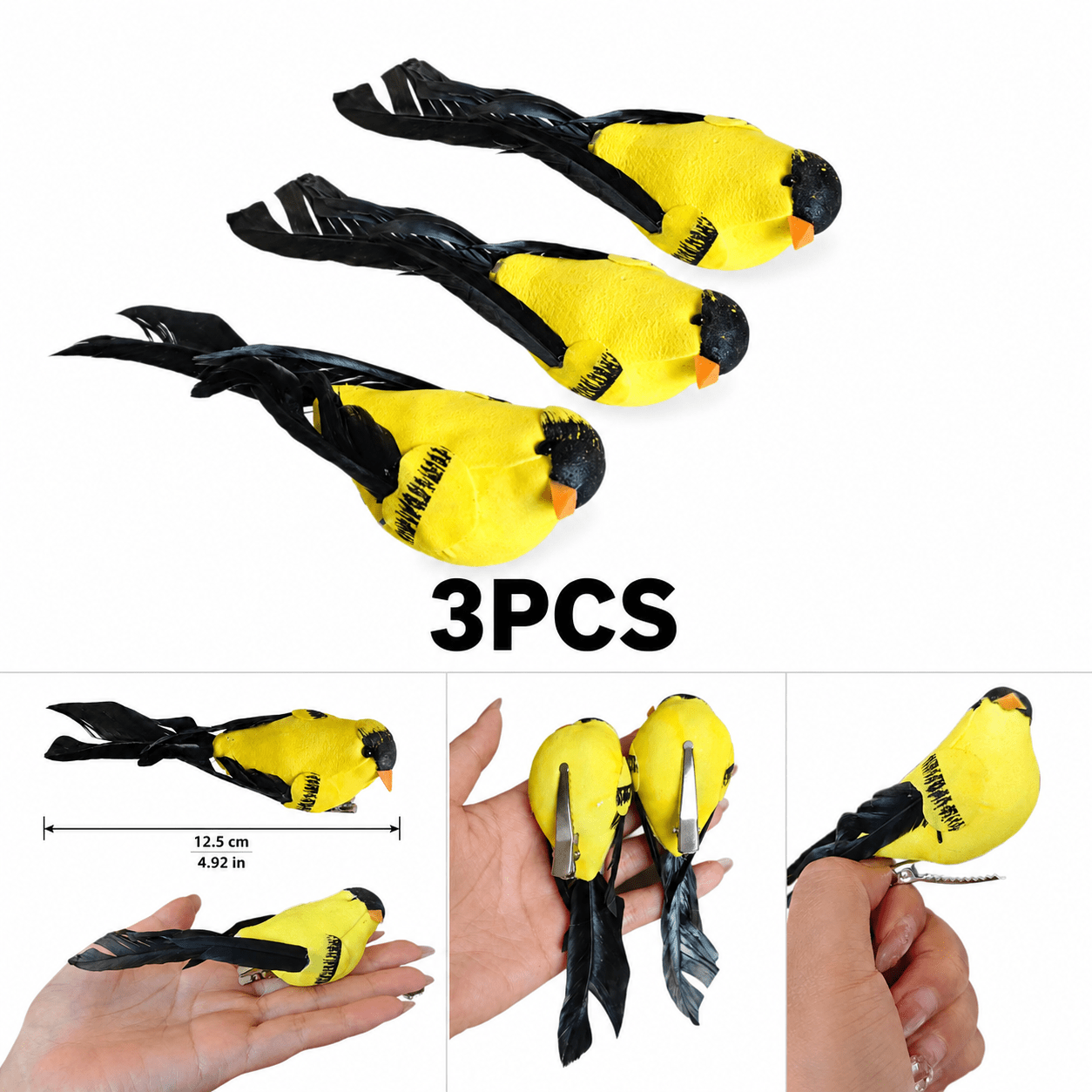 TEMU 3/10pcs Artificial Oriole Bird Decorative Clips, 12.5cm Foam Feather Birds With Metal Clips, Realistic Bird Ornaments For Wreaths, Branches,