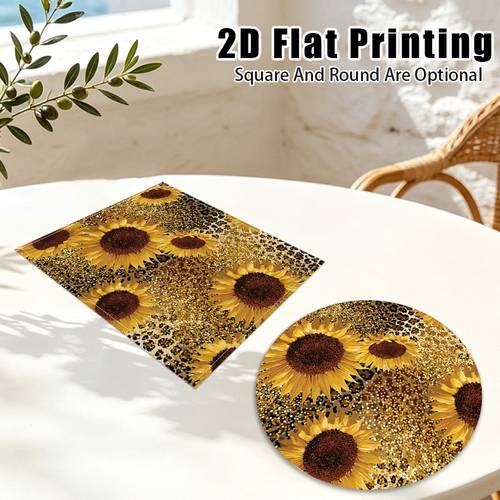 item picture 2d flat 2pcs 4pcs 6pcs autumn sunflower and leopard place mats holiday dining kitchen mat indoor party outdoor meal gift option festive accent dining mat square and round are