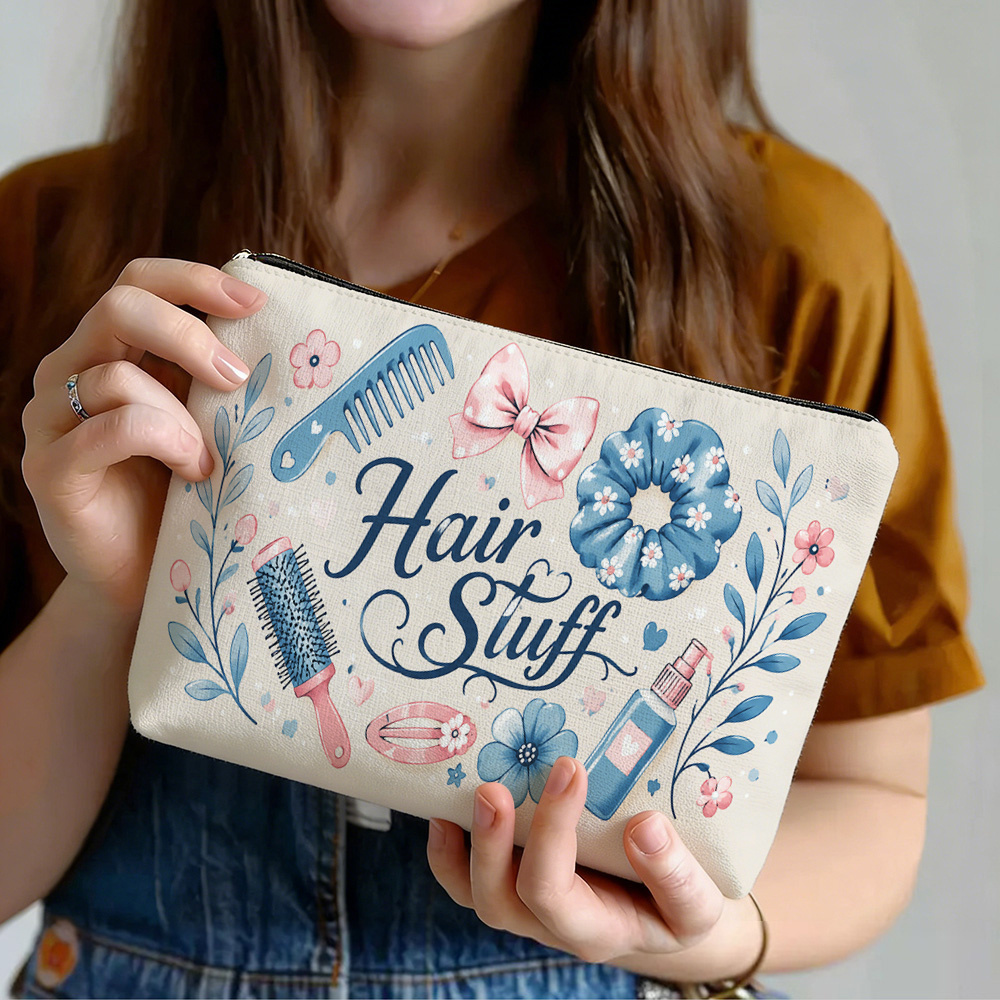TEMU 1pc Of Hair Stuff Blue-pink Hair Storage Bag. Watercolor Comb Hair Clip Bow-shaped Hair Small Flower-print Makeup Bag. Material: Printed.