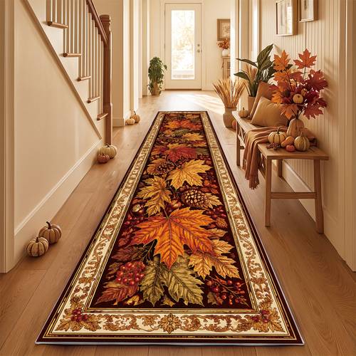 1pc autumn thanksgiving runner rug soft velvet exquisite maple leaf pine cone and print non slip and washable suitable for entryway hallway kitchen bedroom seasonal home decor