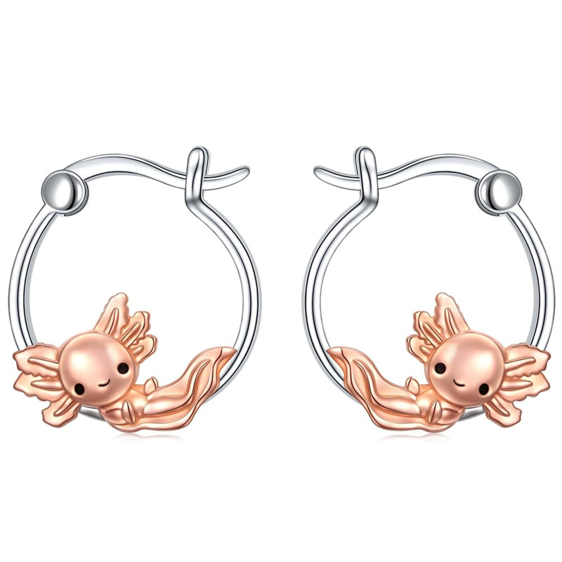 Image of 1pair Easy 2 Tone Circle Earrings Cute Rose Golden Axolotl Earrings For Women Daily Hoop Earrings Jewelry