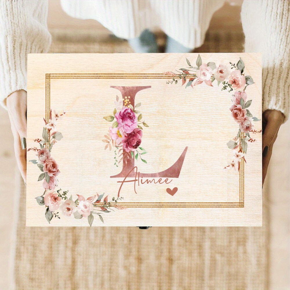 E-shop Personalisierte Holz Aufbewahrungsbox mit benutzerdefiniertem Namen, Blumen- und Initialdruck, Hochzeits-Souvenir, Etui, Dekoration,