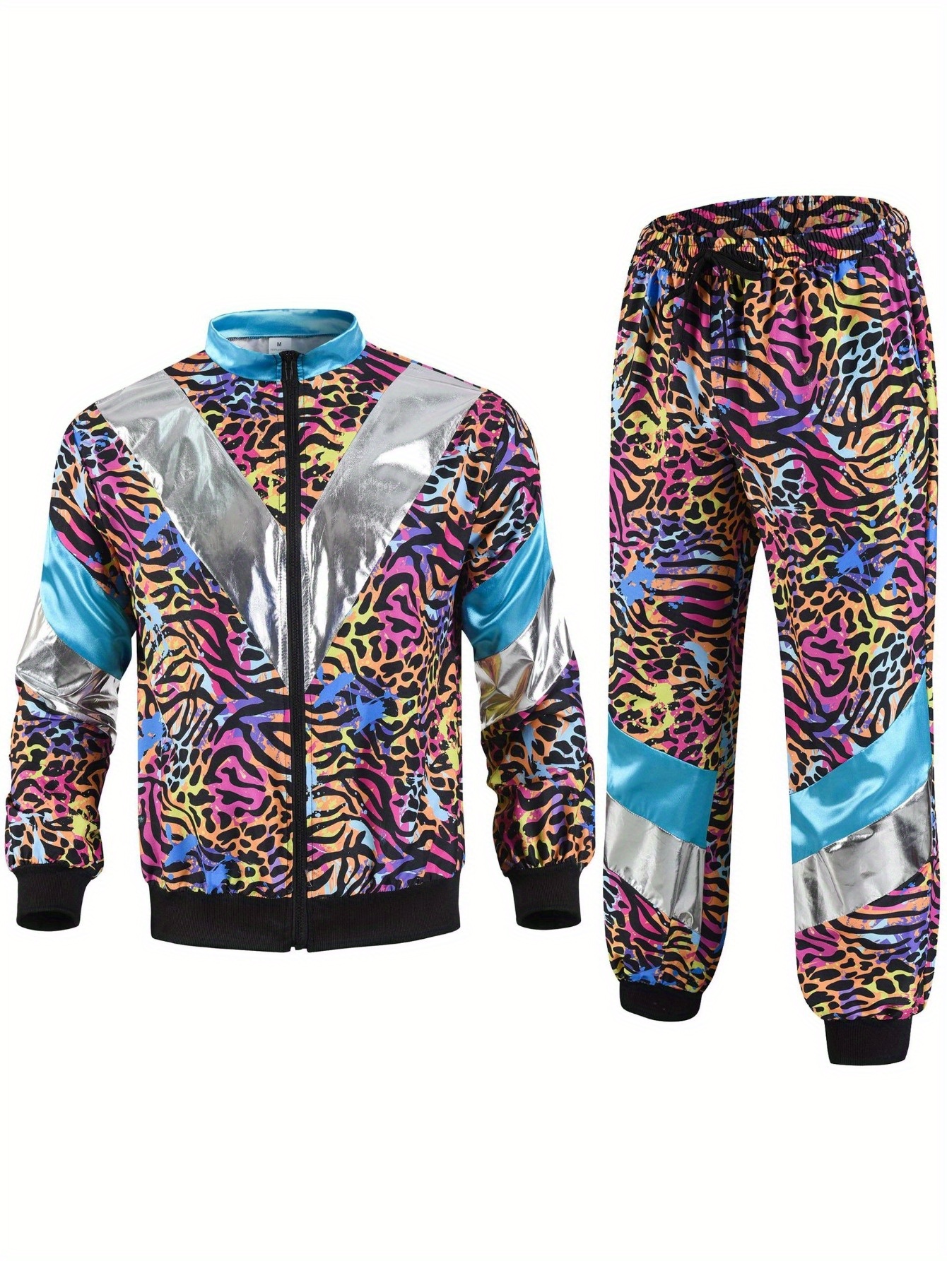 Men S Retro Disco   Costume - Vibrant Leopard Print Jacket & Pants Set with Metallic Accents, Zip-Up   & Wide-Leg Pants for Parties & Events, Disco Costume, Event Attire, Stylish Disco Outfit, Metallic Jacket