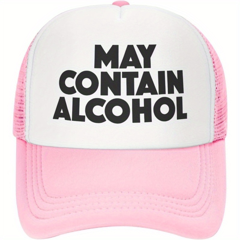 TEMU 1 Humorous Hat With The Words "may Contain Alcohol" - A White And Pink Contrasting Baseball With A Breathable Mesh Back, Unisex Casual Party