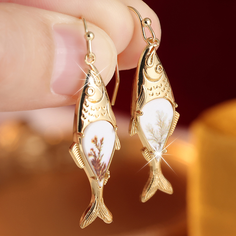 Women's Flower and Leaf Pattern Printed Fish Shaped Pendant Earrings