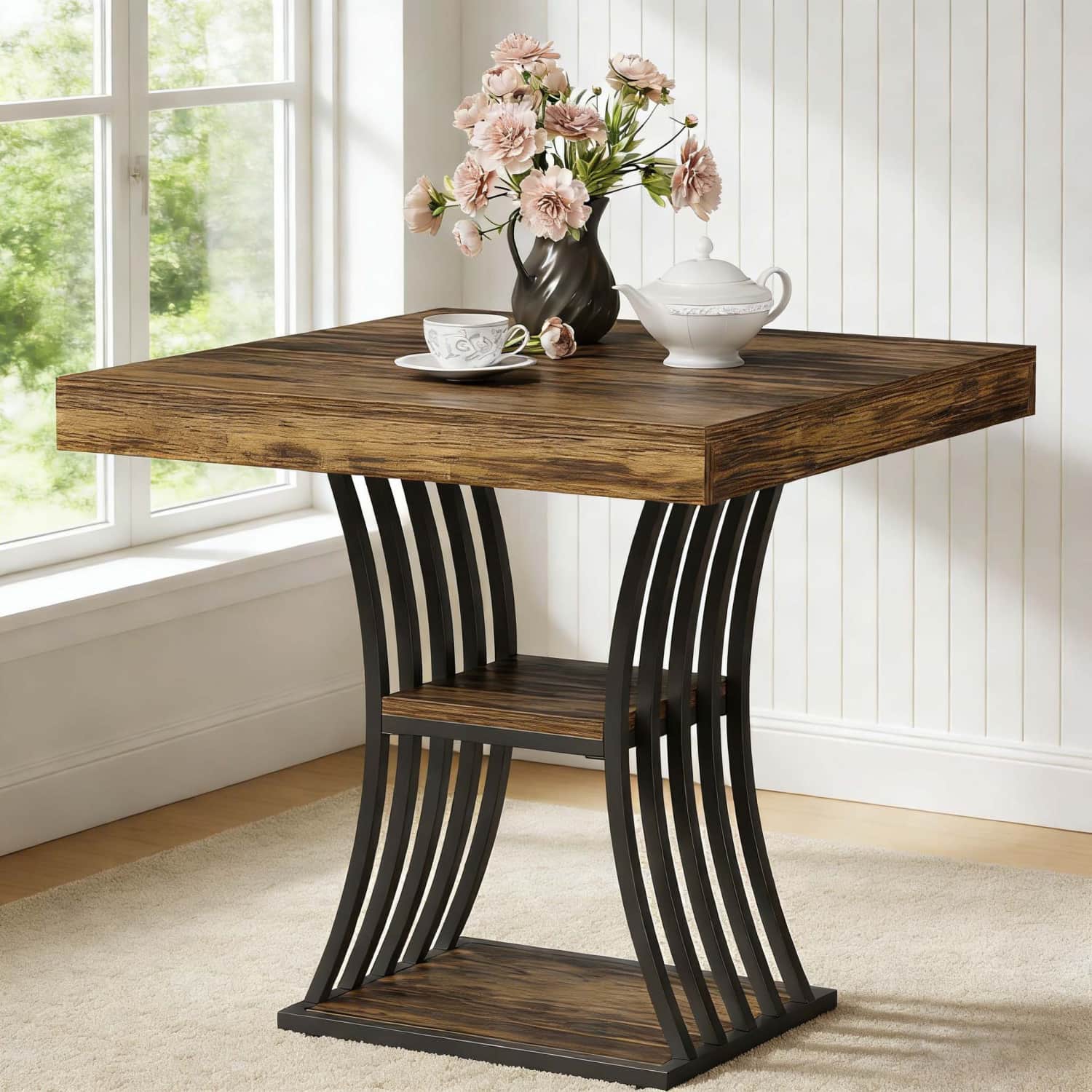 TEMU Industrial 4 Person Dining Table With 2 Storage Shelves | 80 X 80 X 76 Cm, Rustic Brown, Hardwood Top And Pedestal Base, Contemporary Style,