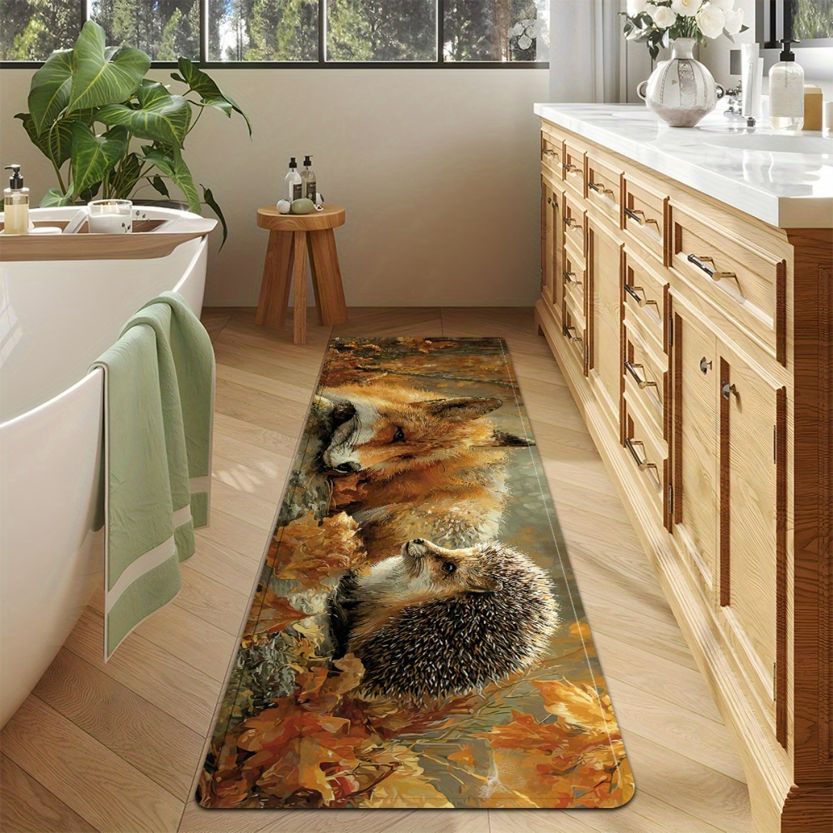 TEMU 1pc Autumn Halloween Fox Hedgehog Leaf Forest Sunlight Pattern Runner Rug, Long Bath Mat, Non-slip Running Carpet For Bathroom, Bedside & Sofa